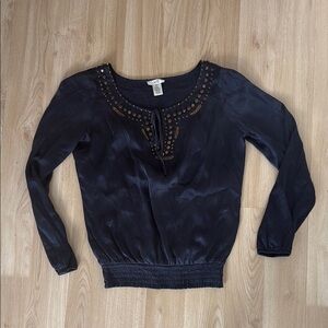Cache Dark Blue Blouse with Studded Neckline